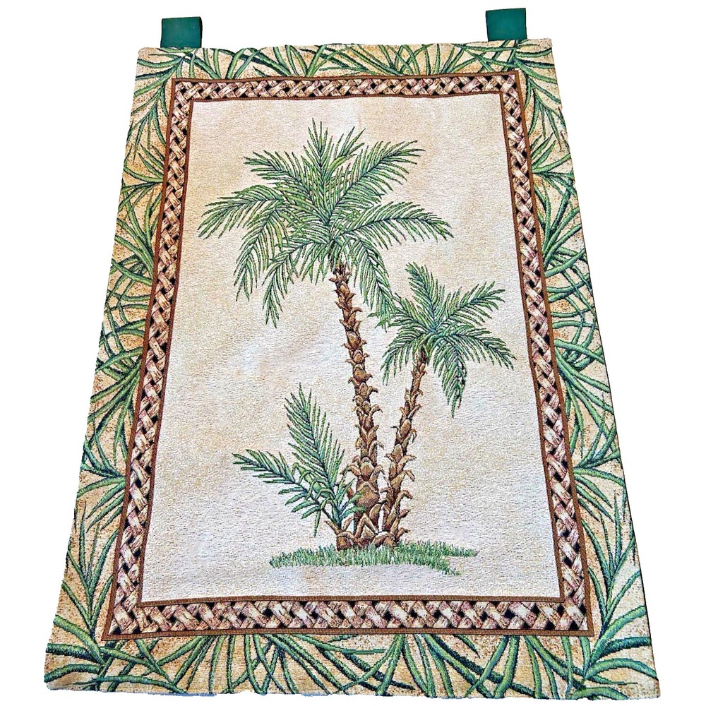 Vtg Paradise Palms Woven Wall Hanging 26x36 Tapestry Palm Tree Tropical w/rods